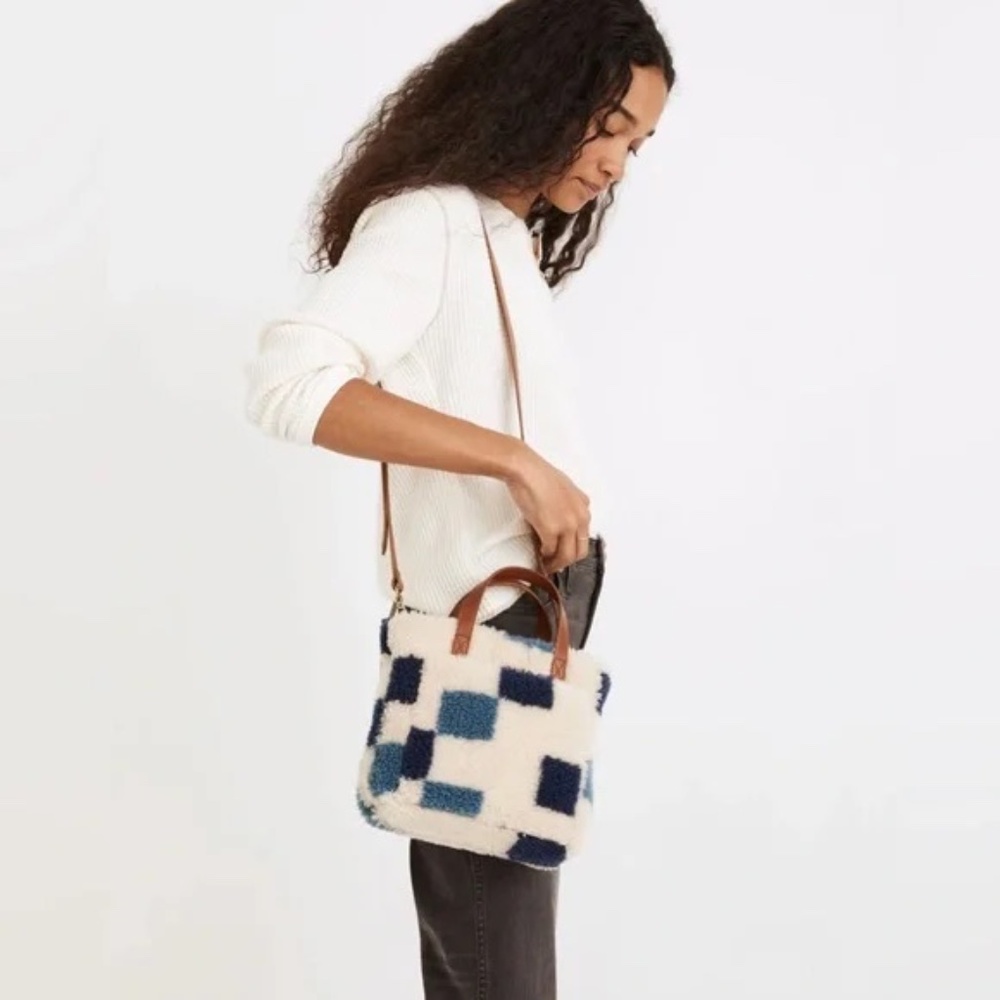 Madewell Cream and Blue Crossbody Bag with Checkered Design